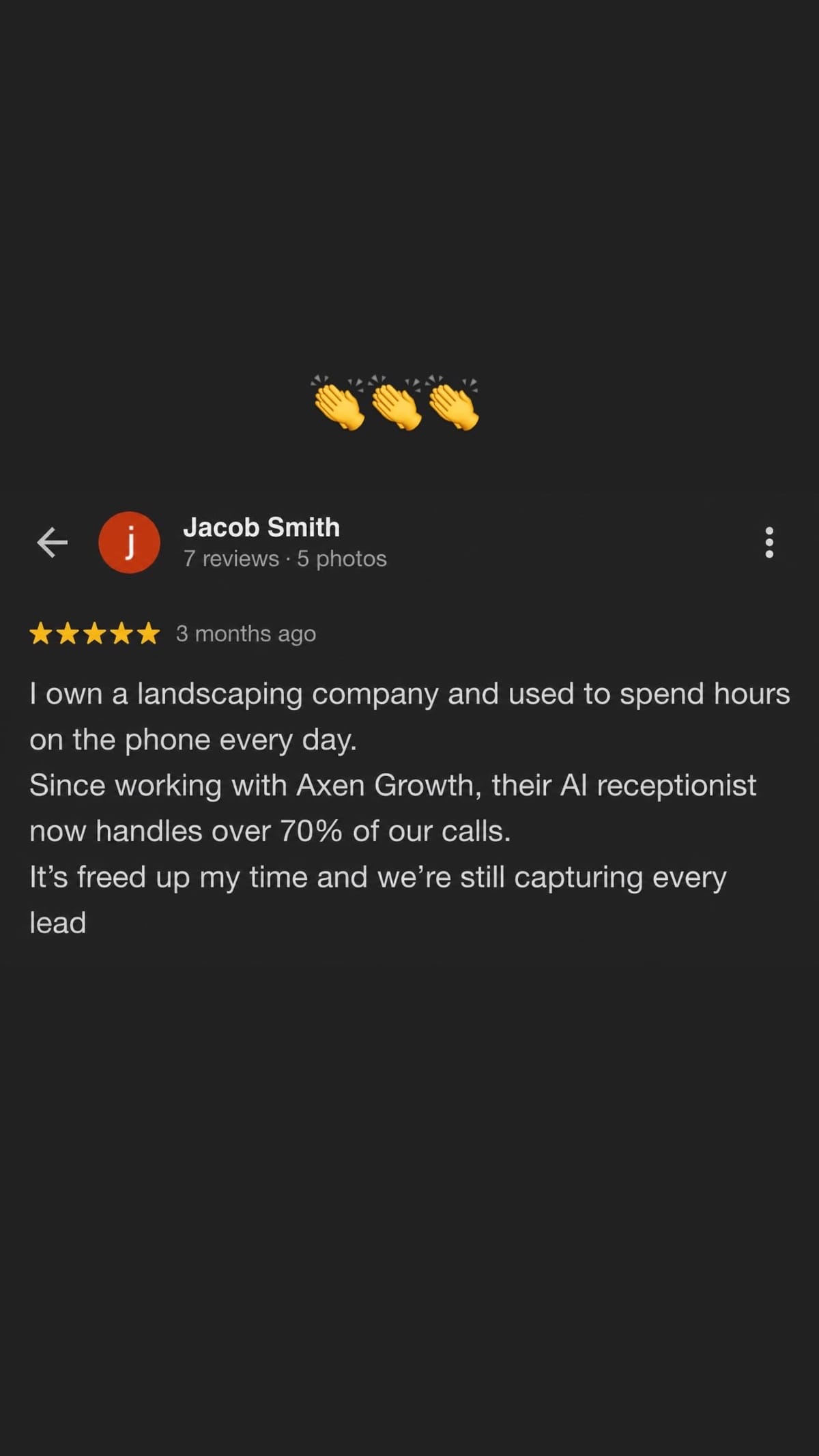 5-star Google review from a landscaping company about the AI receptionist