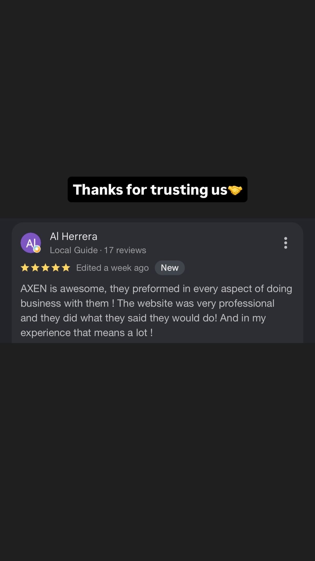 5-star Google review praising a professional website build