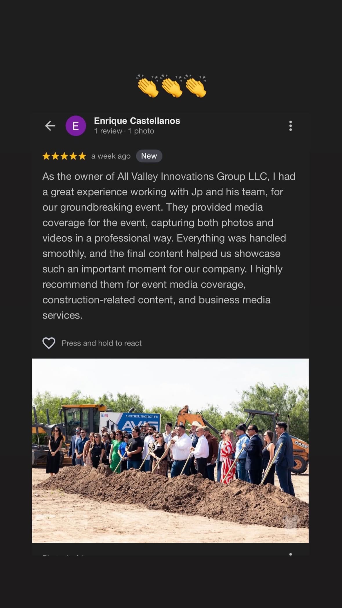 5-star Google review from All Valley Innovations Group about groundbreaking event media coverage