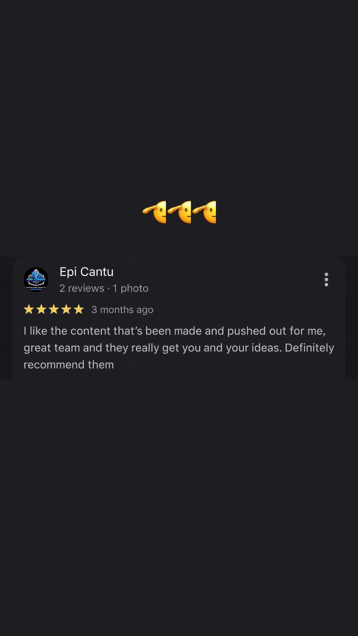 5-star Google review from Epi Cantu about content creation