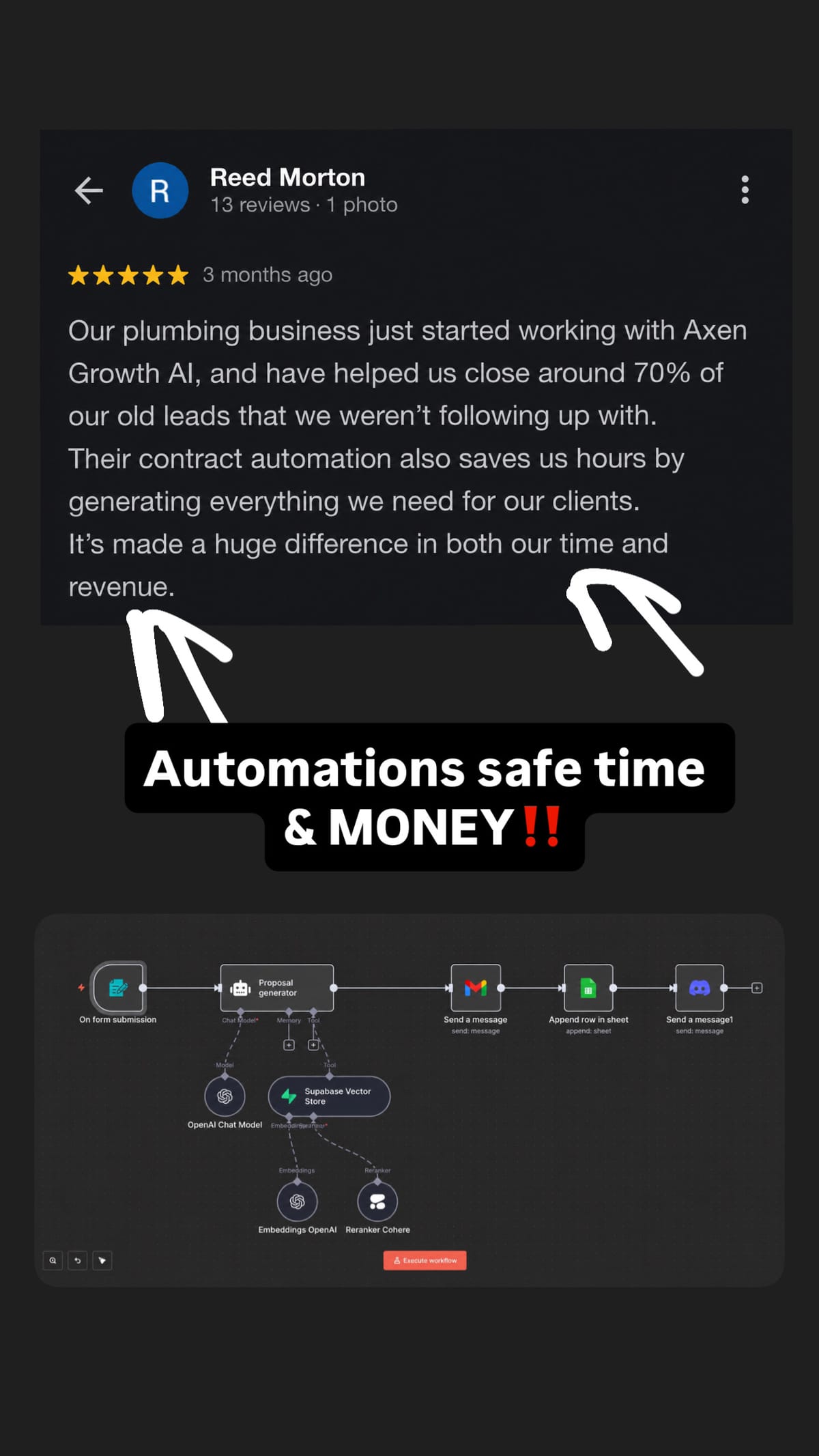 5-star Google review from a plumbing business plus the proposal automation workflow