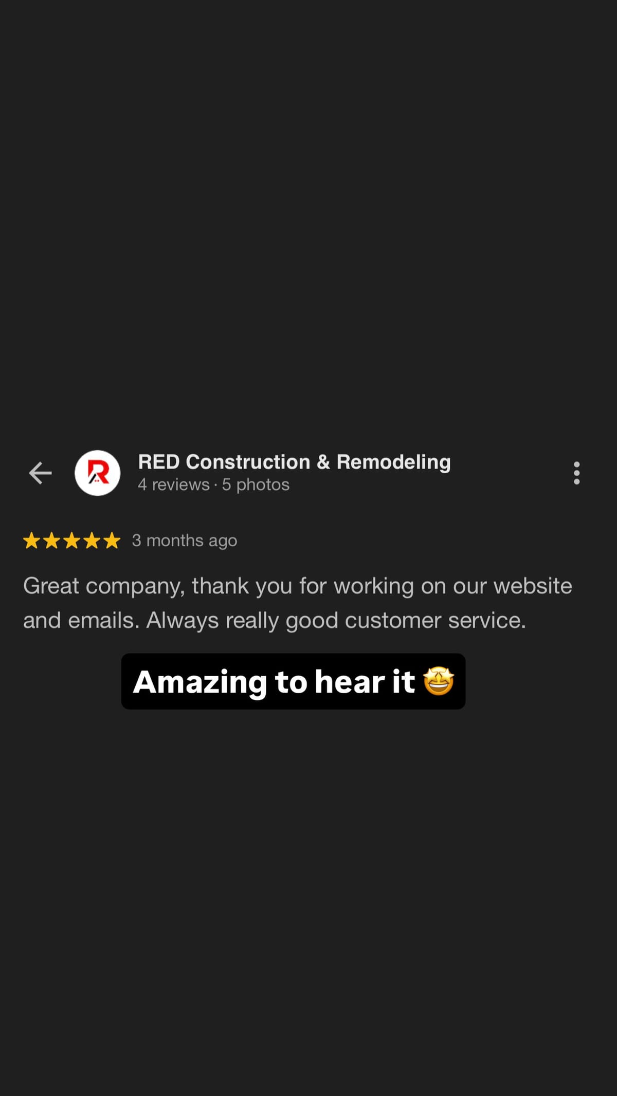 5-star Google review from RED Construction & Remodeling