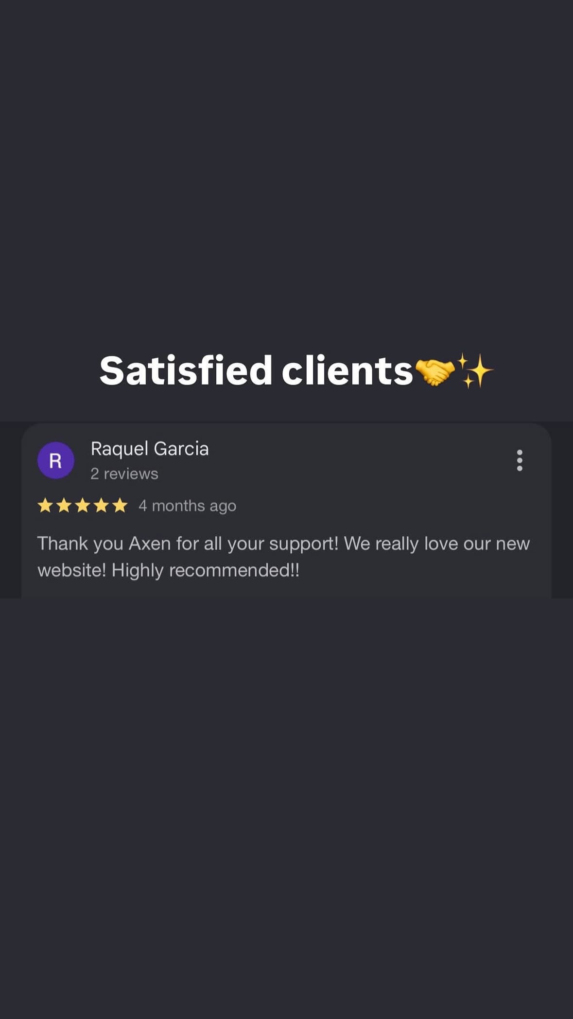 5-star Google review thanking AXEN for a new website