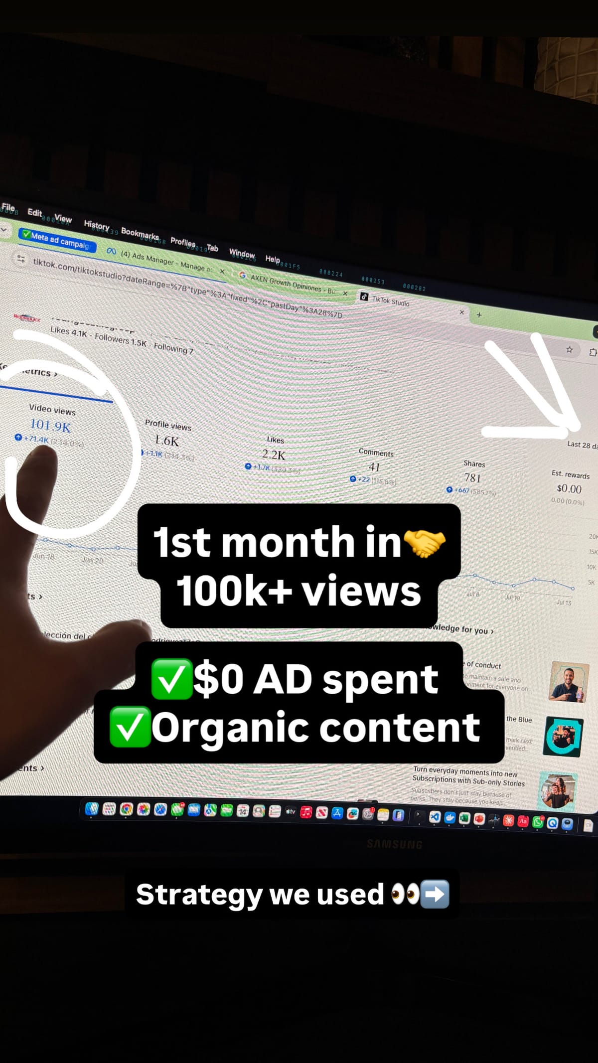 TikTok Studio analytics showing 100K+ views in the first month with zero ad spend