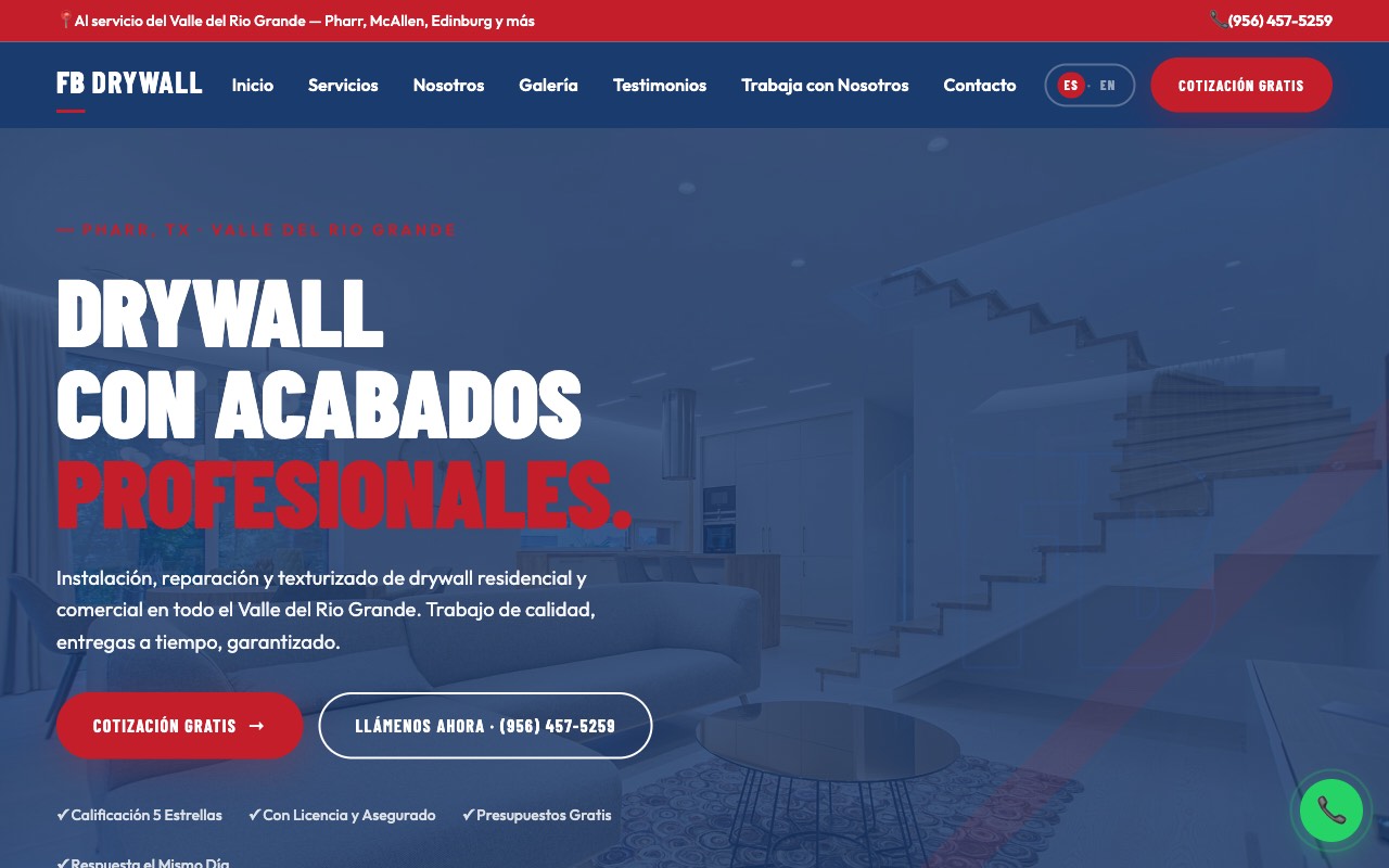 Página principal del sitio web de FB Drywall