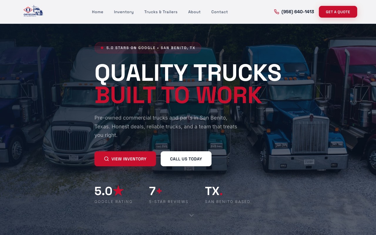 Página principal del sitio web de Ortegon Truck and Parts Sales